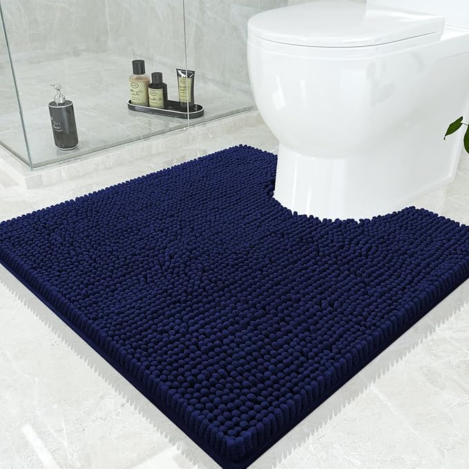 Smiry Luxury Chenille Toilet Rugs U-Shaped 24x24, Soft Absorbent Non-Slip Contour Bathroom Rugs for Toilet, Machine Washable Contoured Bath Mats, Navy Blue by Smiry