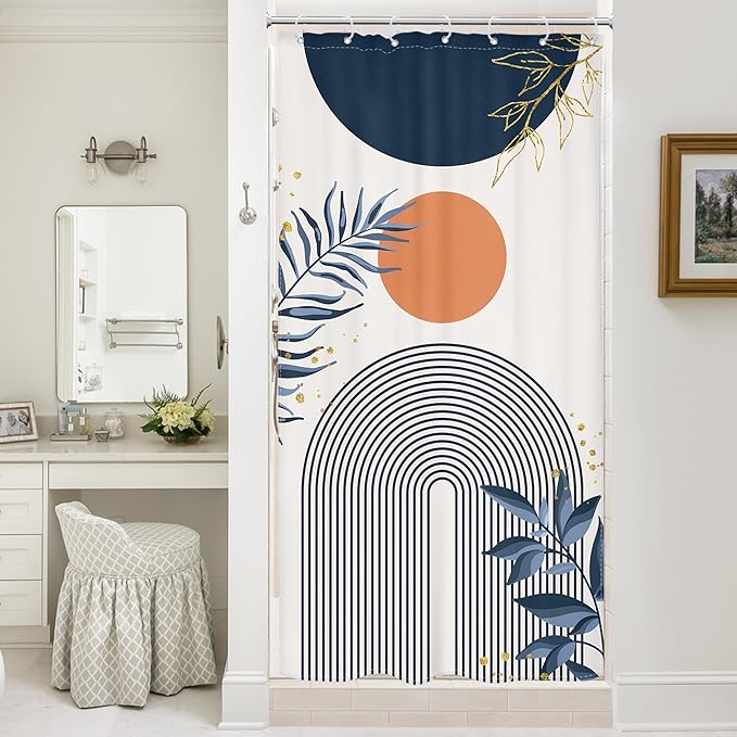 Small Stall Boho Shower Curtain 36Wx72H Navy Blue Modern Bohemian Mid Century Gold Leaves Orange Minimalist Geometric Bathroom Decor Half Narrow Bath Curtain Fabric Polyester 7 Pack Hooks by MitpokBrand