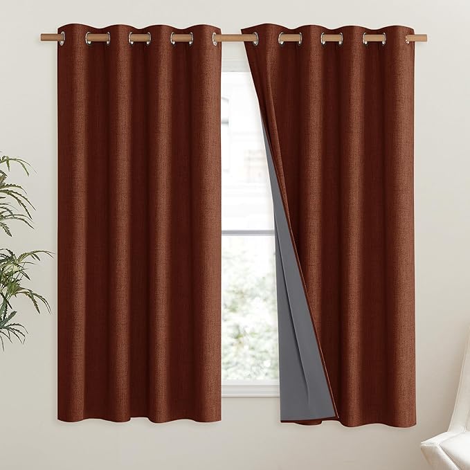 NICETOWN 100% Absolutely Blackout Linen Curtains with Thermal Insulated Liner, 52" Wide, 2 Panels, 45" Long Drapes, Grommet Retro Burnt Orange Linen Curtains Vertical Drapes Privacy for Bedroom - Image 2