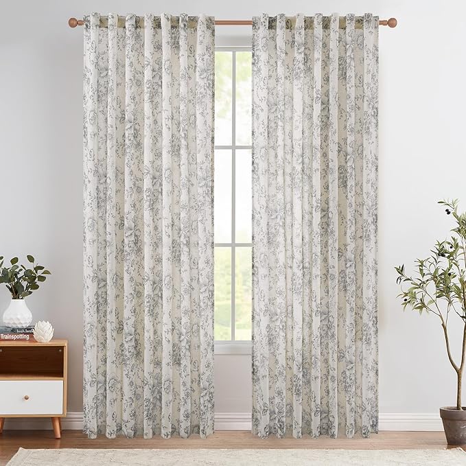 jinchan Linen Blend Curtain Floral Curtains for Living Room 90 Inch Length Grey Printed Curtain Rod Pocket Back Tab Farmhouse Peony Flower Patterned Drapes Bedroom Window Curtains Set 2 Panels - Image 2