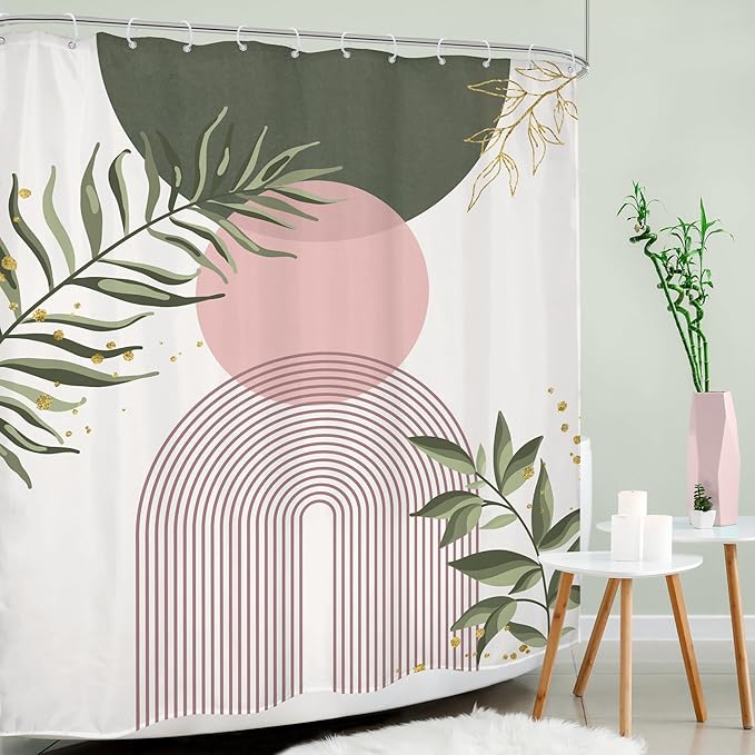 Pink Sage Green Boho Shower Curtain 60Wx72H Mid Century Modern Abstract Gold Leaves Plant Sun Bathroom Decor Minimalist Geometric Arch Line Aesthetic Bath Curtain Fabric Polyester 12 Pack Hooks - Image 3