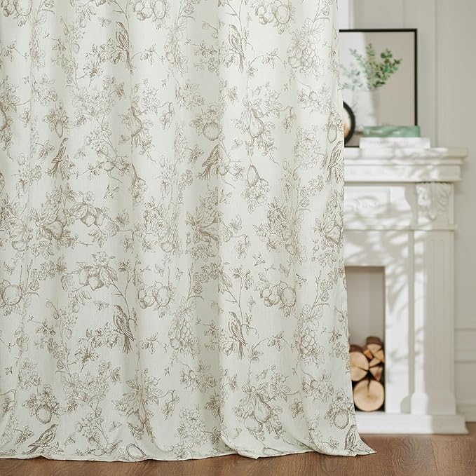 jinchan Linen Floral Curtains for Living Room 84 Inch Length Taupe Printed Flower French Country Curtain Farmhouse Cottage Core Toile Curtains Back Tab Light Filtering Window Drapes Set 2 Panels - Image 7
