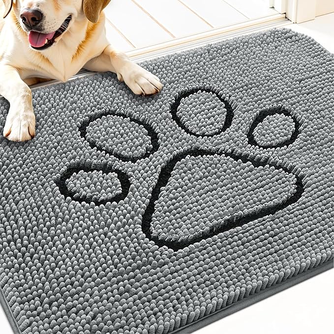 OLANLY Dog Door Mat for Muddy Paws 32x20, Paw Print Design, Absorbs Moisture and Dirt, Absorbent Non-Slip Washable Doormat, Quick Dry Chenille Mud Mat for Dogs, Entry Indoor Entryway Carpet, Grey by OLANLY