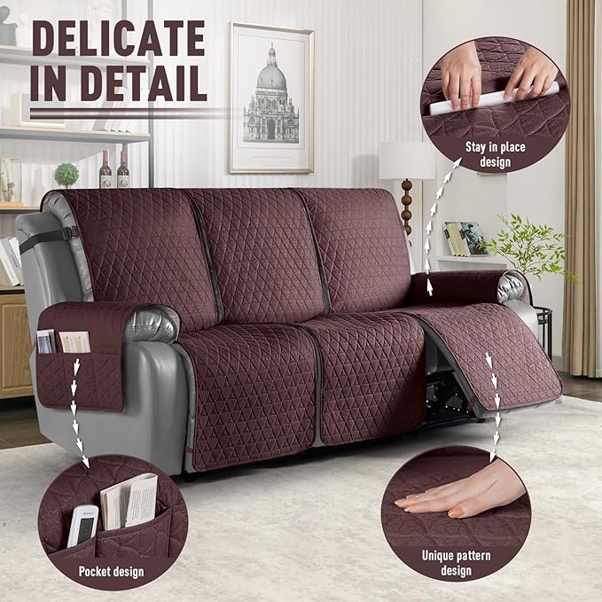 TAOCOCO 100% Waterproof Recliner Cover, Non-Slip Washable Reclining Couch Cover with Elastic Leg Straps, Furniture Protector for Dogs (Coffee, 3 Seater) - Image 6