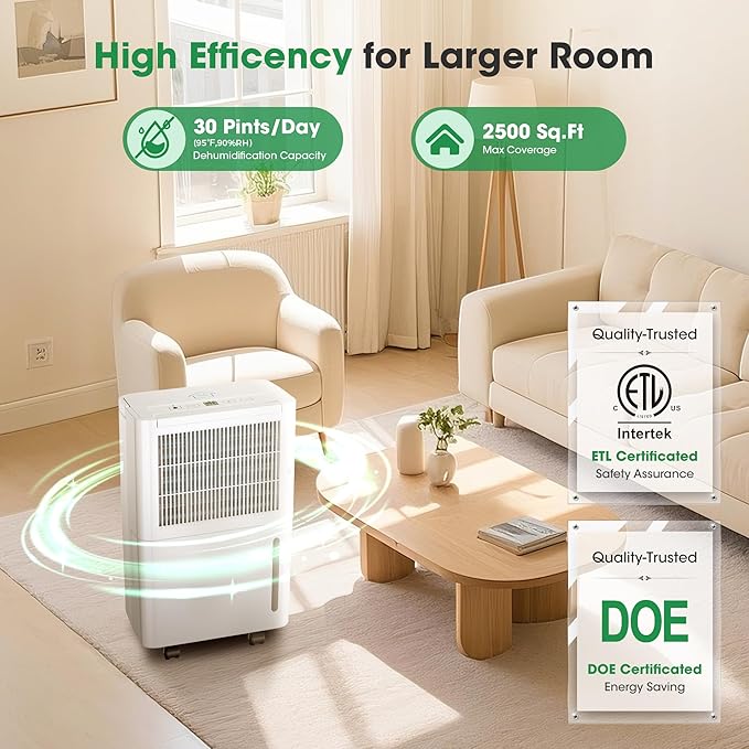 2,500 Sq.Ft Dehumidifier for Basement with Drain Hose, 30 Pint Dehumidifiers for Home with 3 Modes, Smart Humidity Control & Display, 24HR Timer, Auto Defrost for Large Room, Bathroom,Bedroom - Image 3