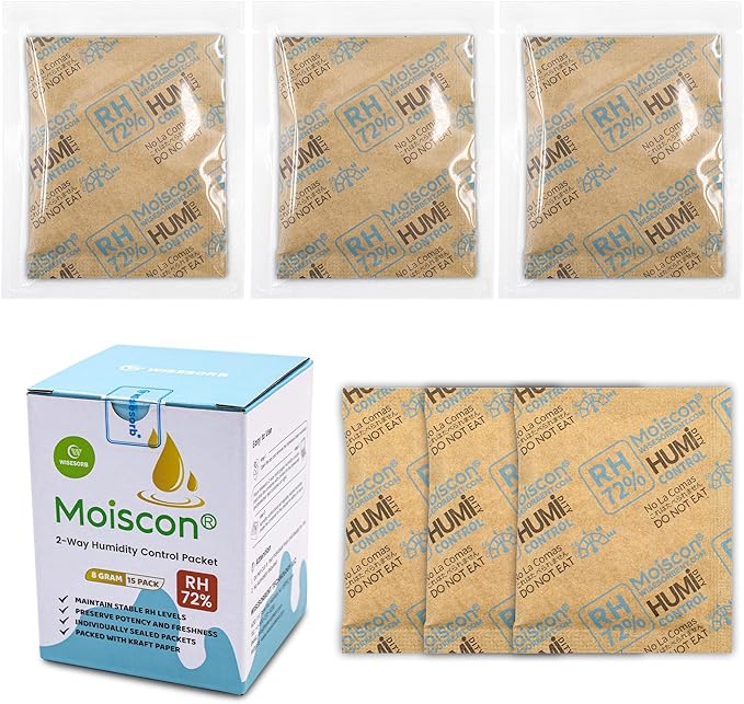 72% Two-Way Humidity Control Packs- 8 Gram Moisture Absorbers for Herbs, Wood Humidifier Boxes - Natural Craft Paper Design, Individually Sealed Packets, Prevents Leaks [90 Pack] by Wisesorb
