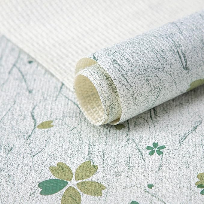 FIFTY FEET 12"x120" Non-Adhesive Shelf Liner for Kitchen Cabinets and Drawers, Washable Non-Slip PVC Cabinet Liner (Green Floral)(6 Roll) by FIFTYFEET