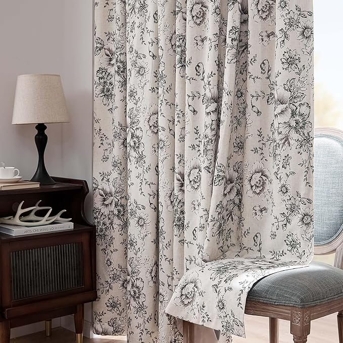 jinchan Blackout Linen Blend Curtain Floral Blackout Curtains for Living Room 72 Inch Length Black Printed with Lined Blackout Curtain for Bedroom Farmhouse Curtains Set 2 Panels - Image 7