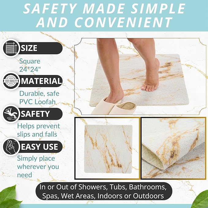 Enkosi Loofah Shower Mat Non Slip – Square Anti Slip Bath Mat for Inside Showers, Bathtub, Tub, Bathroom - Cushioned, Quick Dry PVC with Drain Holes - Secure Grip Safety Pad (Marble Gold 24x24) - Image 2