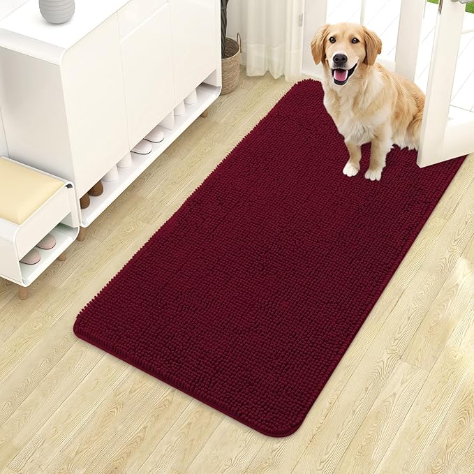 OLANLY Dog Door Mat for Muddy Paws 40x24, Absorbs Moisture and Dirt, Absorbent Non-Slip Washable Doormat, Quick Dry Chenille Mud Mat for Dogs, Entry Indoor Entryway Carpet for Inside Floor, Burgundy by OLANLY
