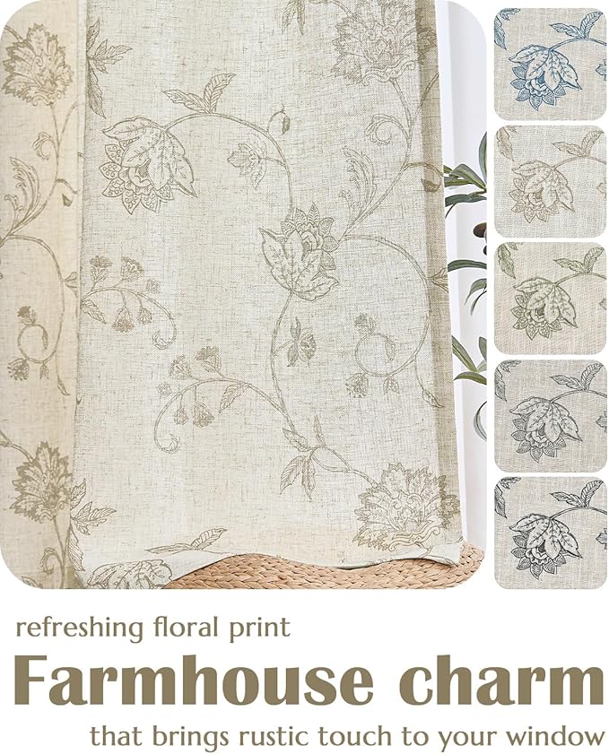 jinchan Linen Curtains Floral Curtain 84 Inch Length for Living Room Bedroom Light Filtering Rod Pocket Back Tab Jacobean Curtains Flax Linen Texture Window Drapes Set 2 Panels Taupe on Linen - Image 6