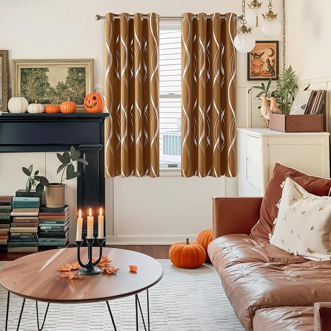 NICETOWN Gold Brown Blackout Curtains 63 inch Long for Fall, Energy Saving Thermal Insulated Foil Print Patterned Design Drapes for Kitchen, W52 xL63, 2 Panels - Image 2
