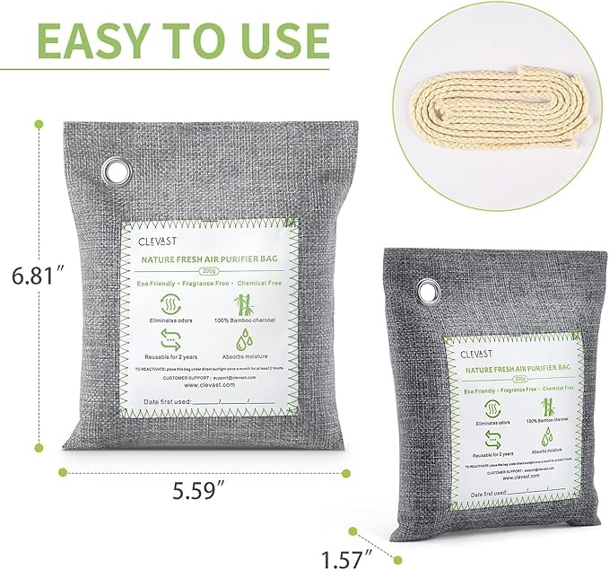 CLEVAST Bamboo Charcoal Air Purifying Bags - (Large, 4×200g), Removes Odors and Moisture, Nature Fresh Air Purifier Bags, Odor Eliminator for Home, Car, Pets, Bathroom, Basement - Image 5