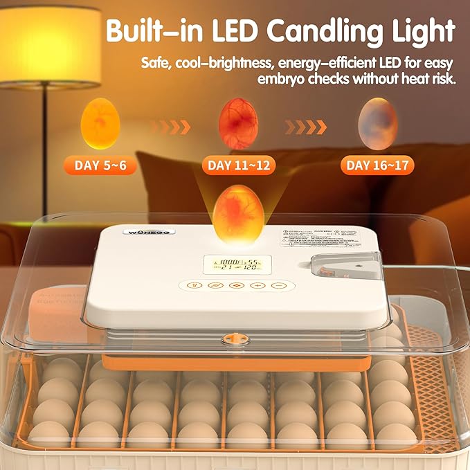 Incubator for Hatching Eggs, 56 Eggs Incubator with Automatic Egg Turning, Temperature & Humidity Control, LED Egg Candler, Incubation Days Display, for Chicken, Duck, Goose, Quail, Parrot Bird Eggs - Image 6