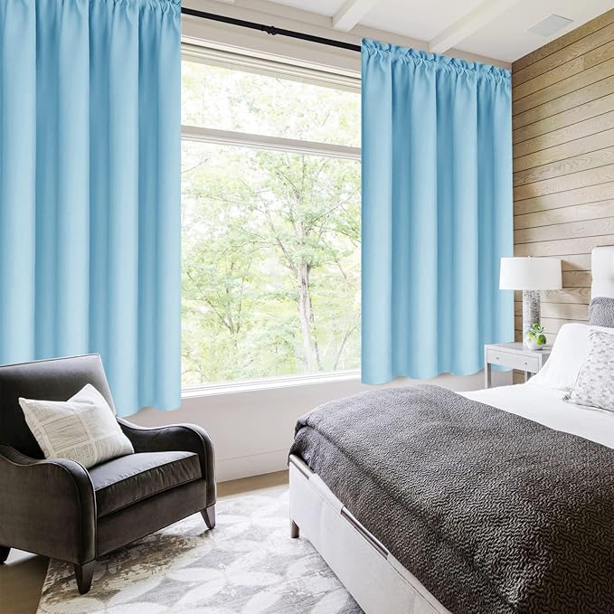 DWCN Blackout Curtains Thermal Insulated Energy Saving Bedroom and Kitchen Curtains Window Treatments, W 38 x L 45 Inch, Set of 2 Light Blue Rod Pocket Drapes - Image 2