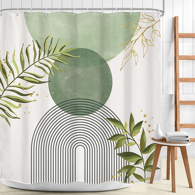 Sage Green Boho Shower Curtain 72Wx72H Modern Abstract Bohemian Leaves Minimalist Neutral Botanical Geometric Arch Bathroom Decor Mid Century Plant Bath Curtain Fabric Polyester 12 Pack Hooks - Image 2