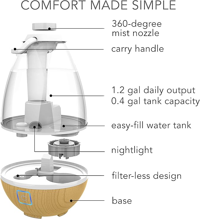 Sharper Image UHT1-SI Ultrasonic Cool Mist Humidifier, 0.4 Gallon (1.5L) Water Tank, 2 Settings, Auto Shut-Off, 360° Rotatable Nozzle, Illuminated Touch Control, LED Nightlight, Ash Woodgrain - Image 4