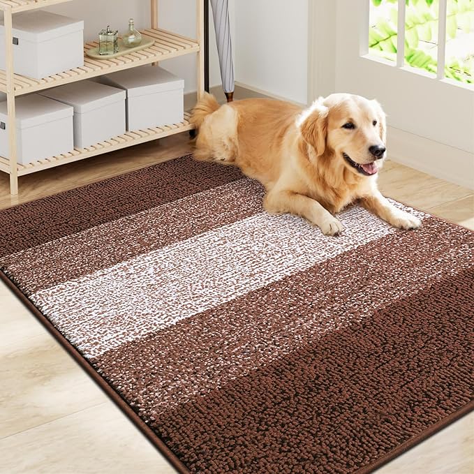 Smiry Dog Door Mat for Muddy Paws, Absorbs Moisture and Dirt, Low-Profile Entryway Mat with Non-Slip Backing, Entry Indoor Outdoor Doormat for Inside Floor (40x32 Inches, Brown, Striped) by Smiry