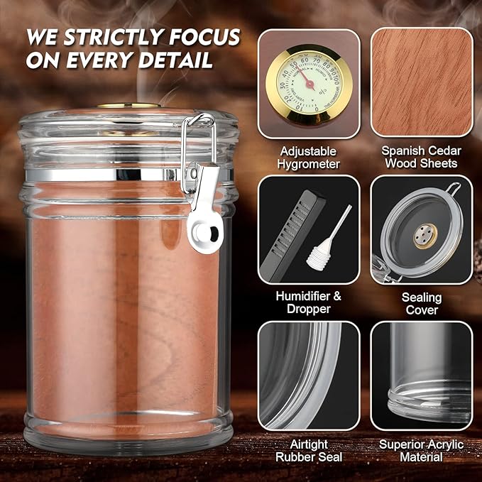 XIFEI Acrylic Humidor Jar with Humidifier and Hygrometer,humidor That can Hold About 18 Cigars (Clear) - Image 2