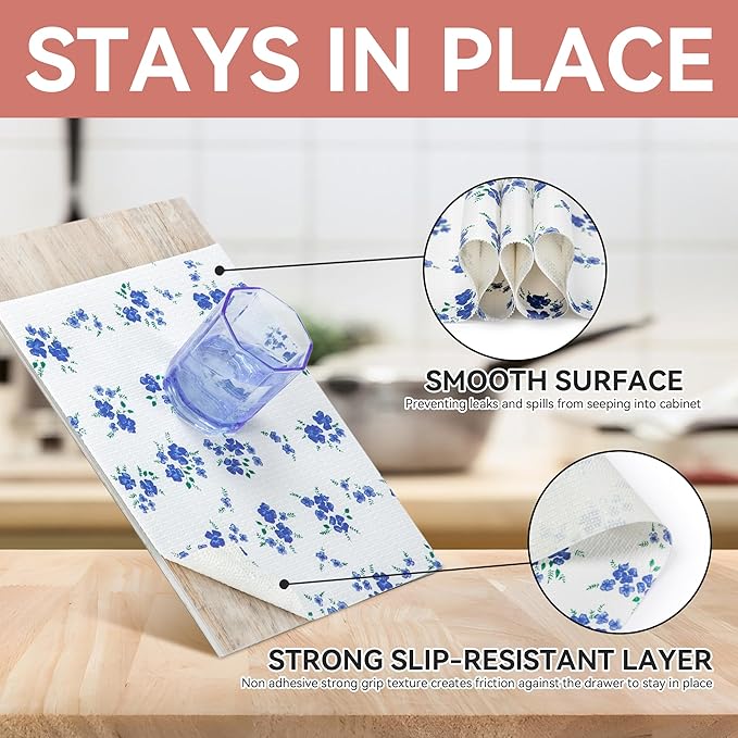 RAY STAR Shelf Liner, Non Adhesive Blue Floral Printed Kitchen Cabinet Liner for Pantry Drawer Vanity, Strong Grip Non Slip, Shelf Liners for Kitchen Cabinets Cupboard 18 Inch x 8 FT (4 Rolls) - Image 3