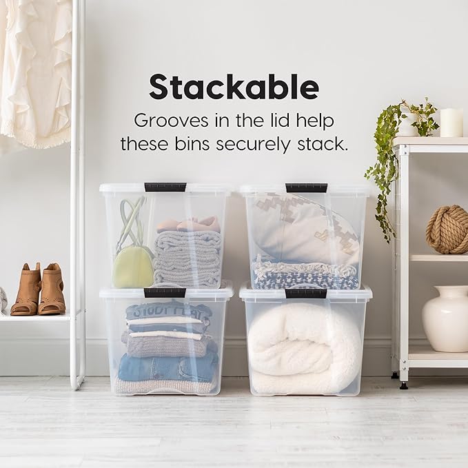 IRIS USA 72 Qt Stackable Plastic Storage Bins with Lids, 6 Pack - BPA-Free, Made in USA - See-Through Organizing Solution, Latches, Durable Nestable Containers, Secure Pull Handle - Clear - Image 4