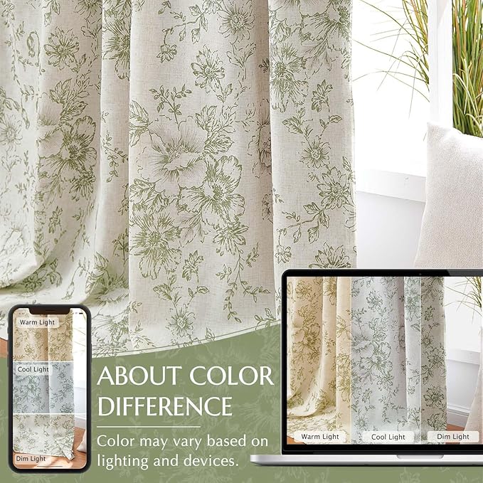 jinchan Blackout Curtains Linen Blend Floral Curtain for Living Room 63 Inch Length Farmhouse Printed with Lined Blackout Drapes for Bedroom Sage Green Flower Curtains Set 2 Panels - Image 6