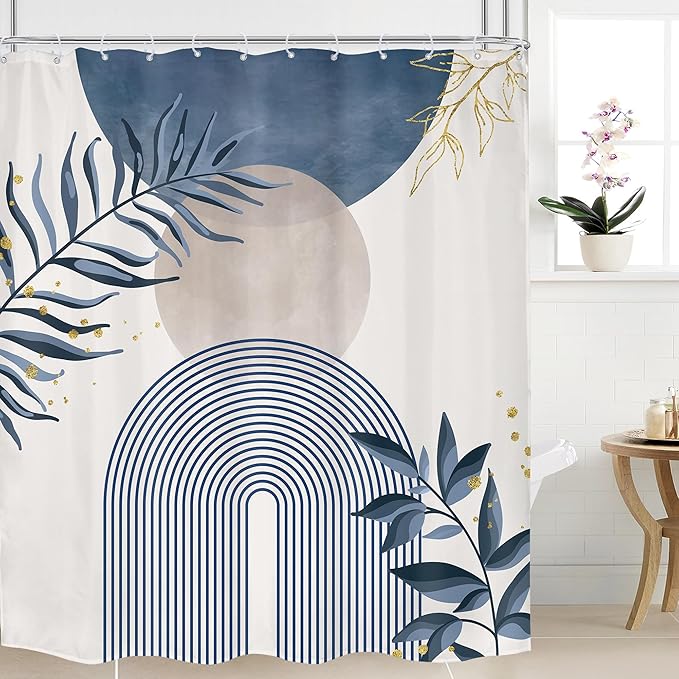 Navy Blue Boho Shower Curtain 72Wx78H Grey Modern Bohemian Abstract Leaves Plant Botanical Mid Century Minimalist Bathroom Decor Geometric Neutral Bath Curtain Fabric Polyester 12 Pack Hooks by MitpokBrand