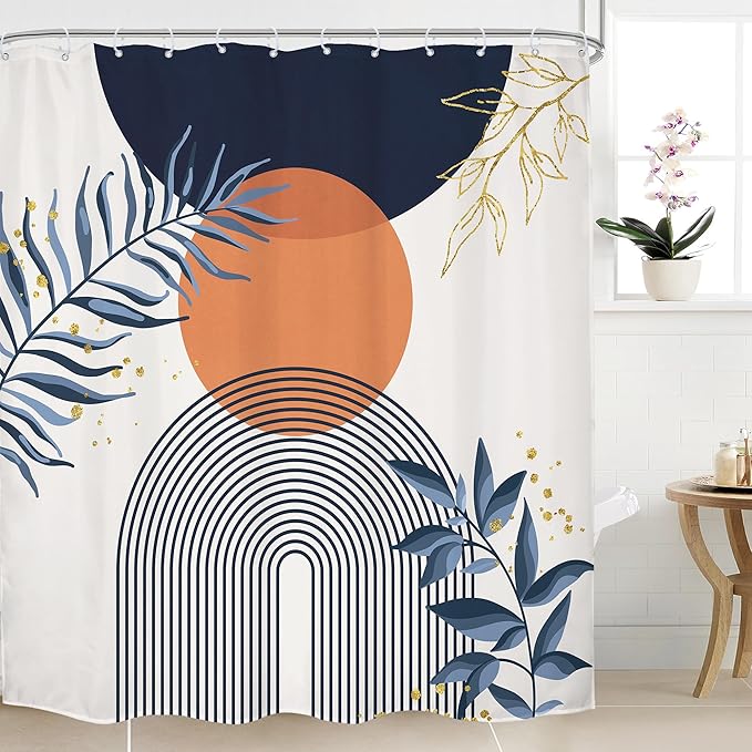 Navy Blue Boho Shower Curtain 72Wx72H Modern Abstract Bohemian Blue Gold Leaves Orange Minimalist Mid Century Plant Bathroom Decor Neutral Geometric Bath Curtain Fabric Polyester 12 Pack Hooks by MitpokBrand
