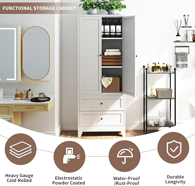Kitchen Pantry Storage Cabinets with Drawers, 72" Tall Kitchen Cupboard Metal Pantry Cabinet with Adjustable Shelves, for Home Office Living Dining Room, Assembly Required(White) - Image 6