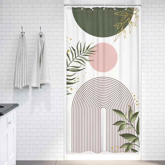 Small Stall Boho Shower Curtain 36Wx72H RV Green Pink Modern Mid Century Abstract Leaves Plant Minimalist Geometric Bathroom Decor Half Narrow Standing Bath Curtain Fabric Polyester 7 Pack Hook - Image 2