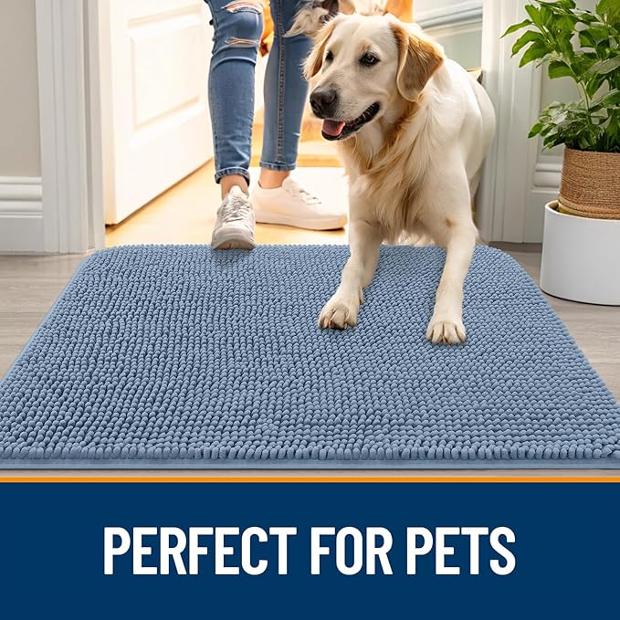 OLANLY Dog Door Mat for Muddy Paws 32x20, Absorbs Moisture and Dirt, Absorbent Non-Slip Washable Doormat, Quick Dry Chenille Mud Mat for Dogs, Entry Indoor Entryway Carpet for Inside Floor, Airy Blue - Image 6