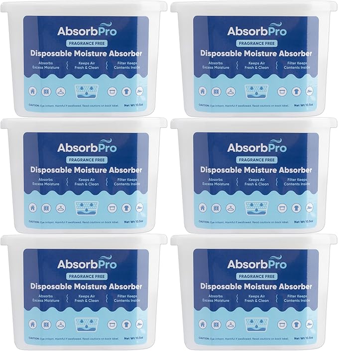 Moisture Absorber Tub Fragrance Free - 6-Pack - 10.5 oz Unscented Disposable Odor Eliminator Box & Dehumidifier for Garage, Home, Kitchen, Bedroom, Bathroom, Closet, Cars, and Boats by AbsorbPro