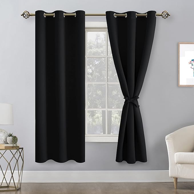 Hiasan Blackout Curtains for Bedroom and Living Room, Light Blocking, Noise Reducing Window Curtain Panels, Tiebacks Included, Set of 2, Grommet Top (Black, Width 38 Inch x Length 72 Inch) - Image 2