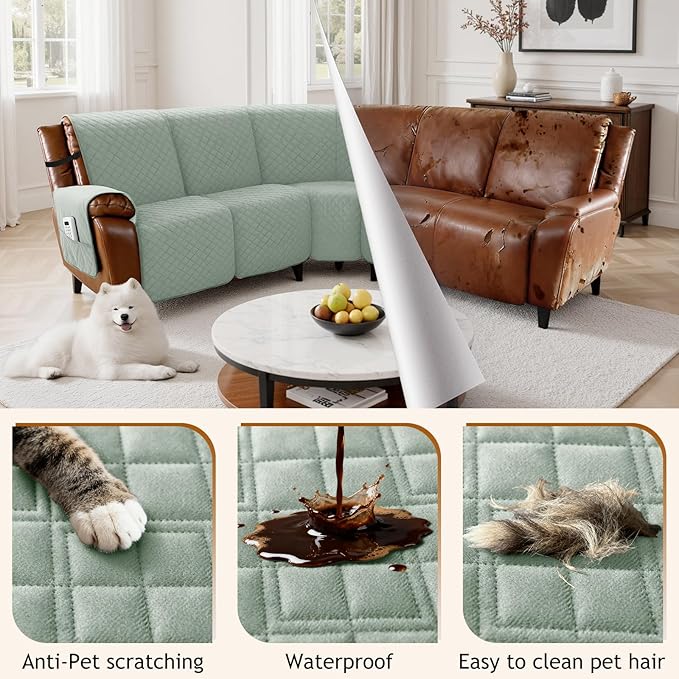 Arfntevss Waterproof Recliner Sectional Couch Covers for Reclining Sectional L Shape Sofa Cover Non Slip Washable Recliner L Shaped Slipcover Sets for Dog Furniture Protector (5 Seater, Sage Green) - Image 6