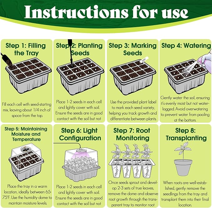 Seed Trays Seeding Starter Tray, Plant Nursery Pot with Humidity Control Lid, Easy Transplanting for Greenhouse Temperature Flowering Herb Crops Germination (6-Pack Green with Lights) - Image 6