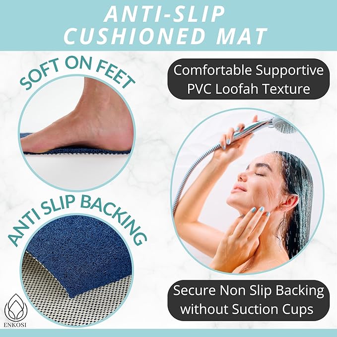 Soft Shower Mat Non Slip - PVC Loofah Inside or Outside Showers, Bathtubs, Bathrooms, and Wet Areas - Safe for Textured Tiled and Smooth Floor - No Suction Cups Secure Anti Slip (Navy 24 x 47) - Image 2