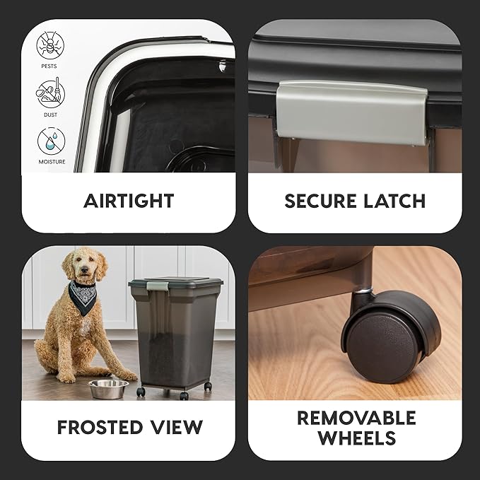 IRIS USA 58 Lbs / 67 Qt WeatherPro Airtight Pet Food Storage Container with Attachable Casters, For Dog Cat Bird and Other Pet Food Storage Bin, Keep Fresh, Easy Mobility, BPA Free, Smoke - Image 4