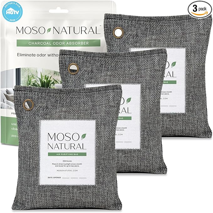 Moso Natural Air Purifying Bag 200g (3 Pack) HGTV Editor's Pick | Premium Bamboo Charcoal Odor Absorber for Home & Car | Closet Odor Eliminator & Car Air Freshener | Long Lasting Charcoal Bags by MosoNatural