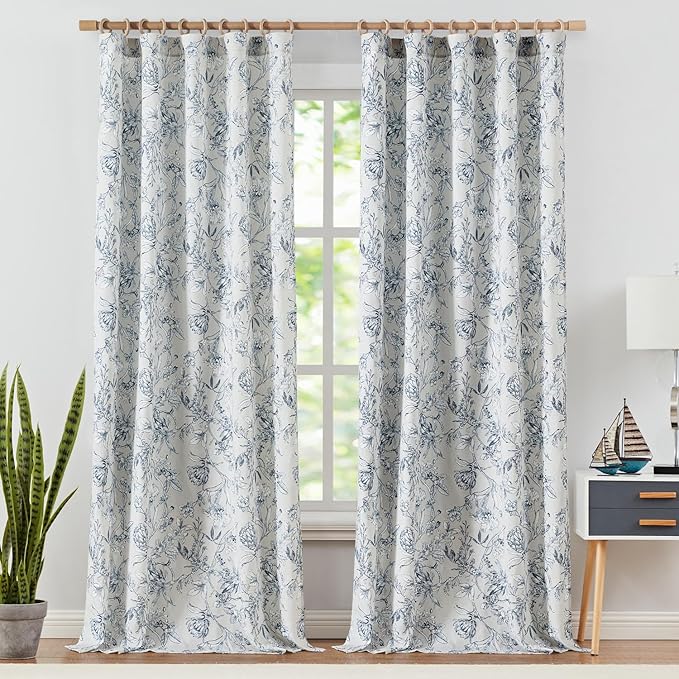 jinchan Floral Curtains 96 Inches Long Blue Flower Linen Farmhouse Curtain for Living Room French Country Vintage Curtain Rod Pocket Curtains Set 2 Panels Blue Floral Printed - Image 2