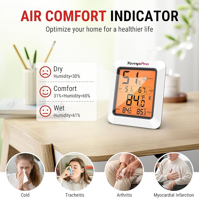 TempPro Hygrometer Thermometer for House, Bluetooth Room Indoor Greenhouse Thermometer Monitor Up to 260FT, Backlit Humidity Meter Temperature Sensor with 2-Year Data Export(Previously ThermoPro) - Image 7