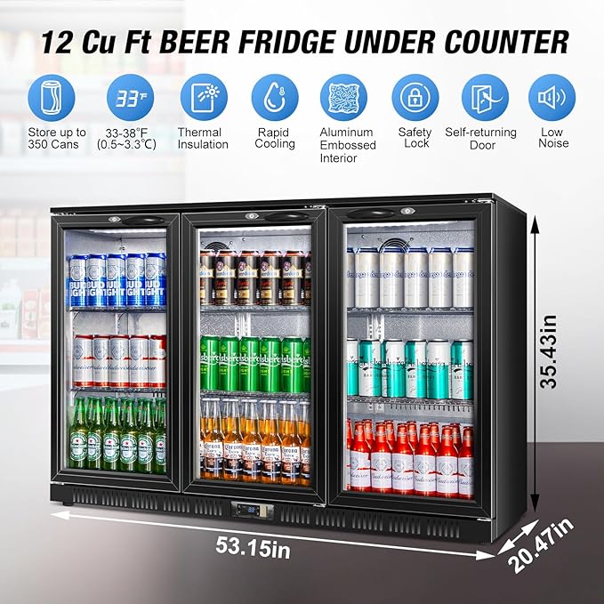 Beverage Refrigerator, 53.15W Inch 12 Cu.Ft Drink Fridge, Back Bar Beer Fridge with 3 Glass Door, 35.43" Height Beverage Cooler, Built-in & Undercounter Commercial Back Bar Cooler for Kitchen Shop Bar - Image 6