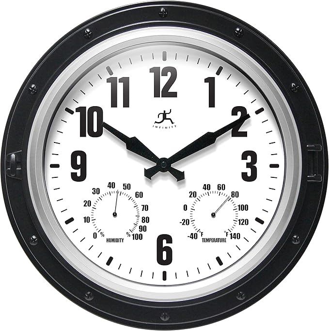 Infinity Instruments Forecaster Indoor/Outdoor Wall Clock, Thermometer, Hygrometer Combo, Stylish Durable Waterproof Weather Station for Your Home, 16 Inch, Black by InfinityInstruments
