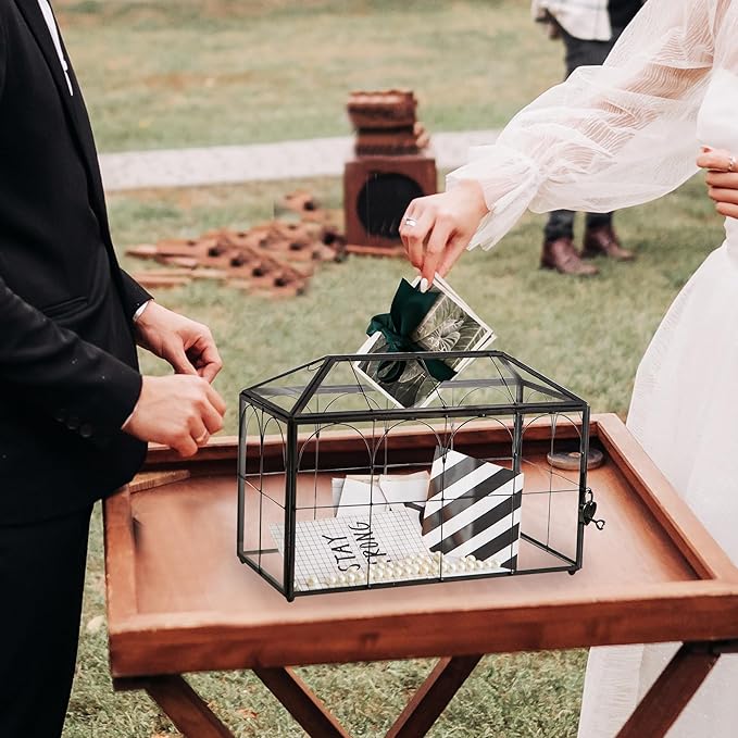 Wedding Card Box with Slot, 12.6'' Large Glass Card Boxes for Reception, Black Geometric Holder, Clear Decorative Storage Box with Lock for Baby Shower, Birthday Party, Christmas, Bridal Shower - Image 7