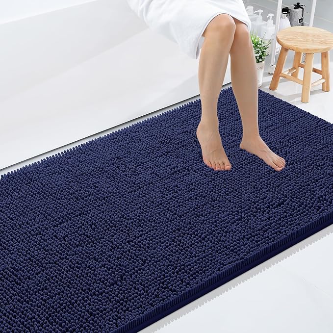 Smiry Luxury Chenille Bathroom Rugs 59x35, Extra Soft and Absorbent Shaggy Bath Mat, Machine Washable, Non-Slip Plush Carpet Runner for Tub, Shower, and Floor, Home Decor Accessories, Navy Blue by Smiry