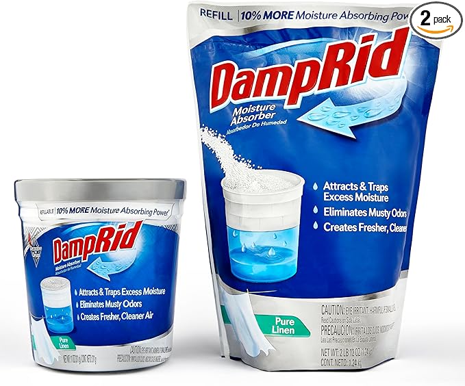 Damp Rid Refillable Moisture Absorber – Pure Linen Humidity Absorber & Odor Absorber with 11oz Cup and 44oz Refill Bag, Cleaner Air for Closet & Bathroom – ILIOS Packaging by Ilios