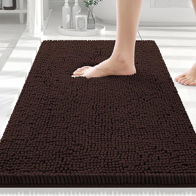 Smiry Luxury Chenille Bathroom Rugs 30x20, Extra Soft and Absorbent Shaggy Bath Mat, Machine Washable, Non-Slip Plush Carpet Runner for Tub, Shower, and Floor, Home Decor Accessories, Brown by Smiry