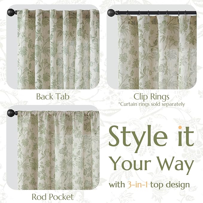 jinchan Linen Floral Curtains for Living Room with Printed Flower 63 Inches Long Light Filtering French Country Back Tab Rod Pocket Sage Green Window Curtain Set Farmhouse Drapes 2 Panels - Image 5