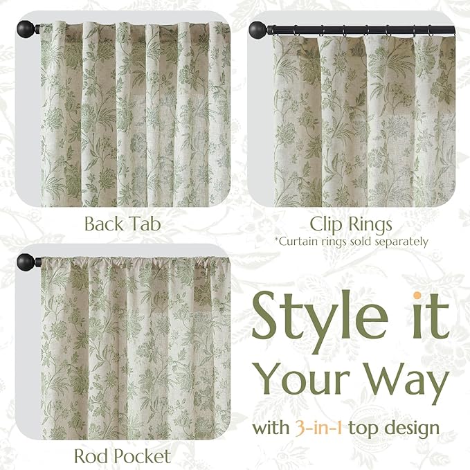jinchan Linen Floral Curtains for Living Room with Printed Flower 90 Inches Long Light Filtering French Country Back Tab Rod Pocket Sage Green Window Curtain Set Farmhouse Drapes 2 Panels - Image 5