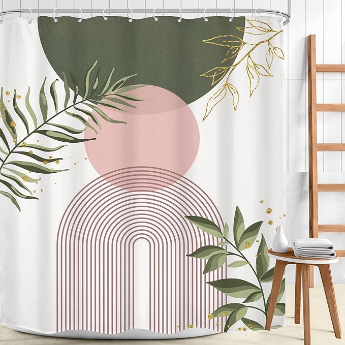 Pink Green Boho Shower Curtain 72Wx84H Extra Long Bohemian Mid Century Modern Abstract Sage Green Gold Leaves Plant Minimalist Bathroom Decor Arch Bath Curtain Fabric Polyester 12 Pack Hooks - Image 2