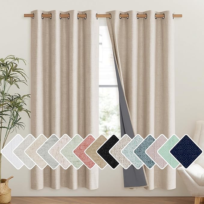 NICETOWN Cream Bedroom Full Blackout Linen Curtain Panels Set of 2, 52" by 72", Thick Insulated Classic Grommet Blackout Draperies with White Thermal Insulated Liner for Windows by NICETOWN